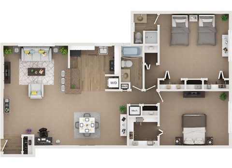 Floor plan for 2 beds, 2 baths, 1300 sqft